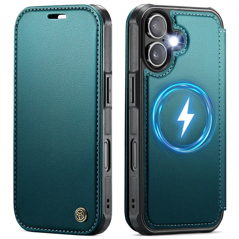 CASEME for iPhone 16 Plus Case 053 Magnetic RFID Blocking Wallet Flip Leather Phone Cover - Blue Green - 1