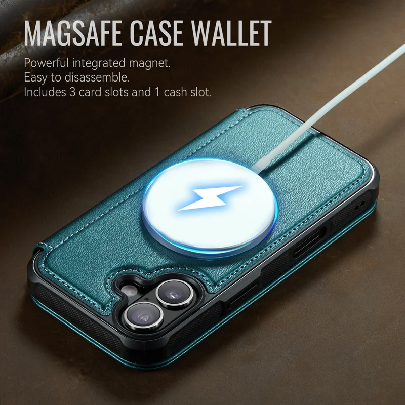 CASEME for iPhone 16 Plus Case 053 Magnetic RFID Blocking Wallet Flip Leather Phone Cover - Blue Green - 4