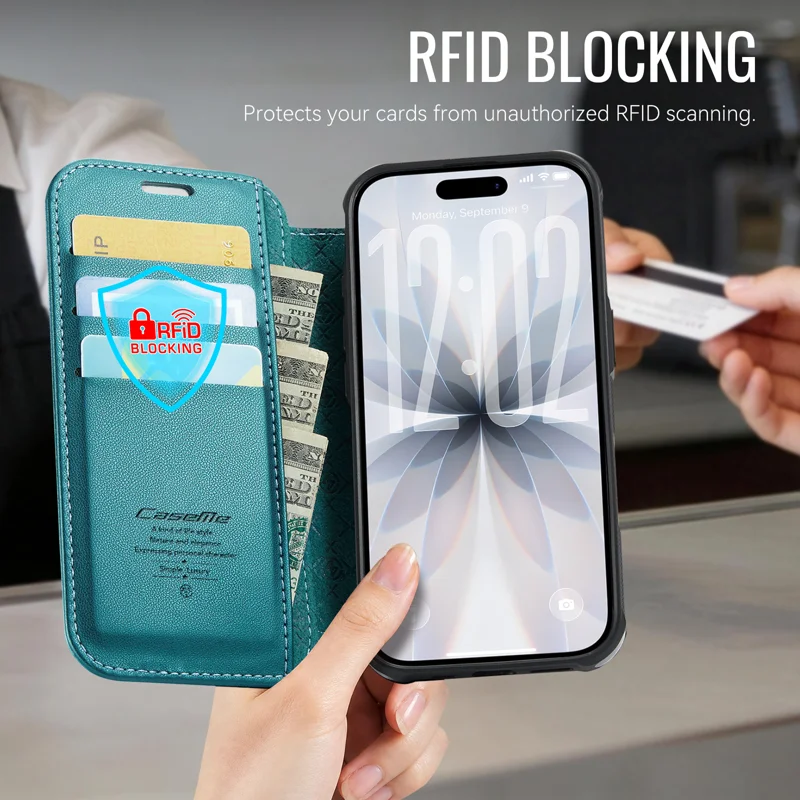 CASEME for iPhone 16 Plus Case 053 Magnetic RFID Blocking Wallet Flip Leather Phone Cover - Blue Green - 5
