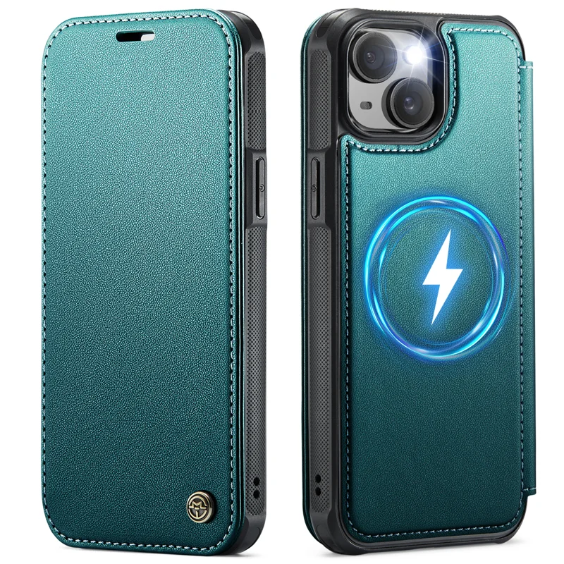 CASEME for iPhone 15 Case 053 Magnetic RFID Blocking Wallet Flip Leather Phone Cover - Blue Green - 1