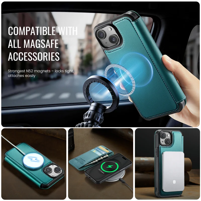 CASEME for iPhone 15 Case 053 Magnetic RFID Blocking Wallet Flip Leather Phone Cover - Blue Green - 3