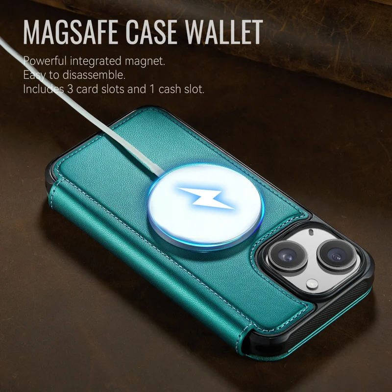 CASEME for iPhone 15 Case 053 Magnetic RFID Blocking Wallet Flip Leather Phone Cover - Blue Green - 4