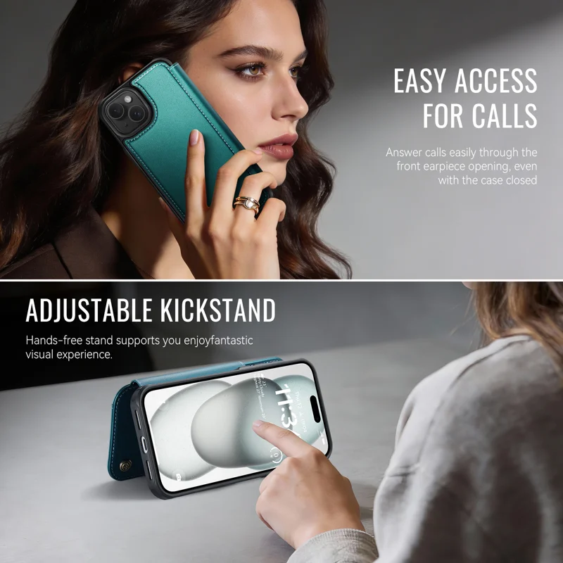 CASEME for iPhone 15 Case 053 Magnetic RFID Blocking Wallet Flip Leather Phone Cover - Blue Green - 6