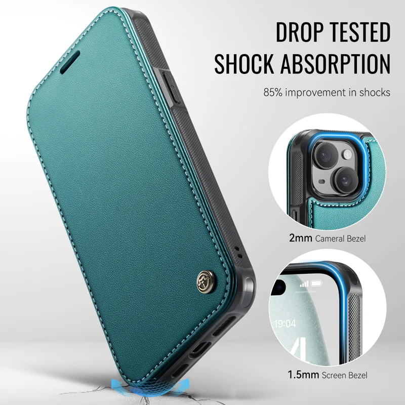 CASEME for iPhone 15 Case 053 Magnetic RFID Blocking Wallet Flip Leather Phone Cover - Blue Green - 7
