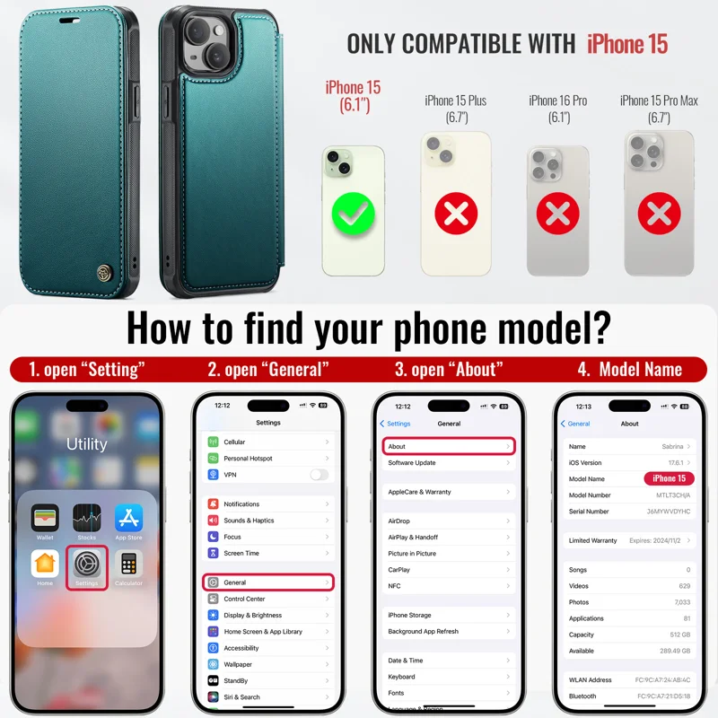 CASEME for iPhone 15 Case 053 Magnetic RFID Blocking Wallet Flip Leather Phone Cover - Blue Green - 9