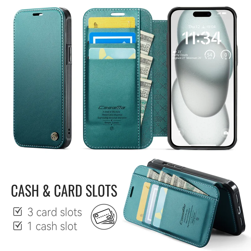 CASEME for iPhone 14 Plus / iPhone 15 Plus Case 053 Magnetic RFID Blocking Wallet Flip Leather Phone Cover - Blue Green - 2