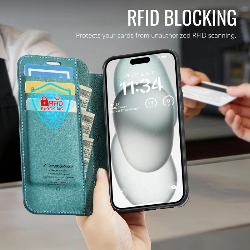CASEME for iPhone 14 Plus / iPhone 15 Plus Case 053 Magnetic RFID Blocking Wallet Flip Leather Phone Cover - Blue Green - 5
