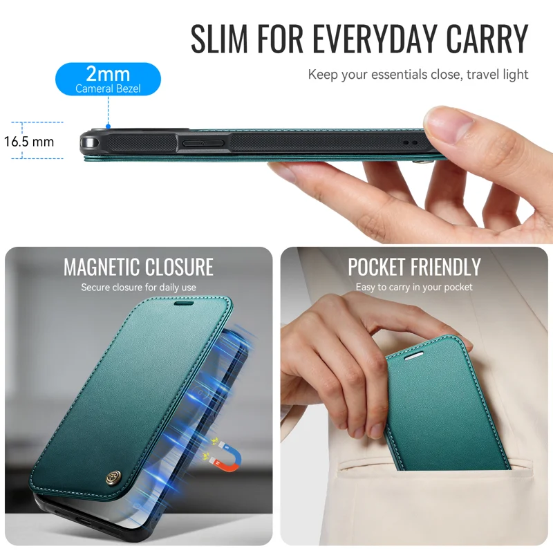 CASEME for iPhone 14 Plus / iPhone 15 Plus Case 053 Magnetic RFID Blocking Wallet Flip Leather Phone Cover - Blue Green - 8