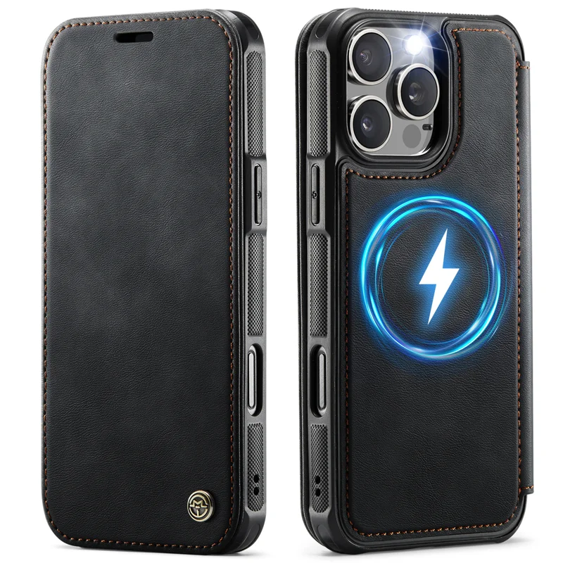 CASEME for iPhone 16 Pro Max Case 053 Magnetic RFID Blocking Wallet Flip Leather Phone Cover - Black - 1