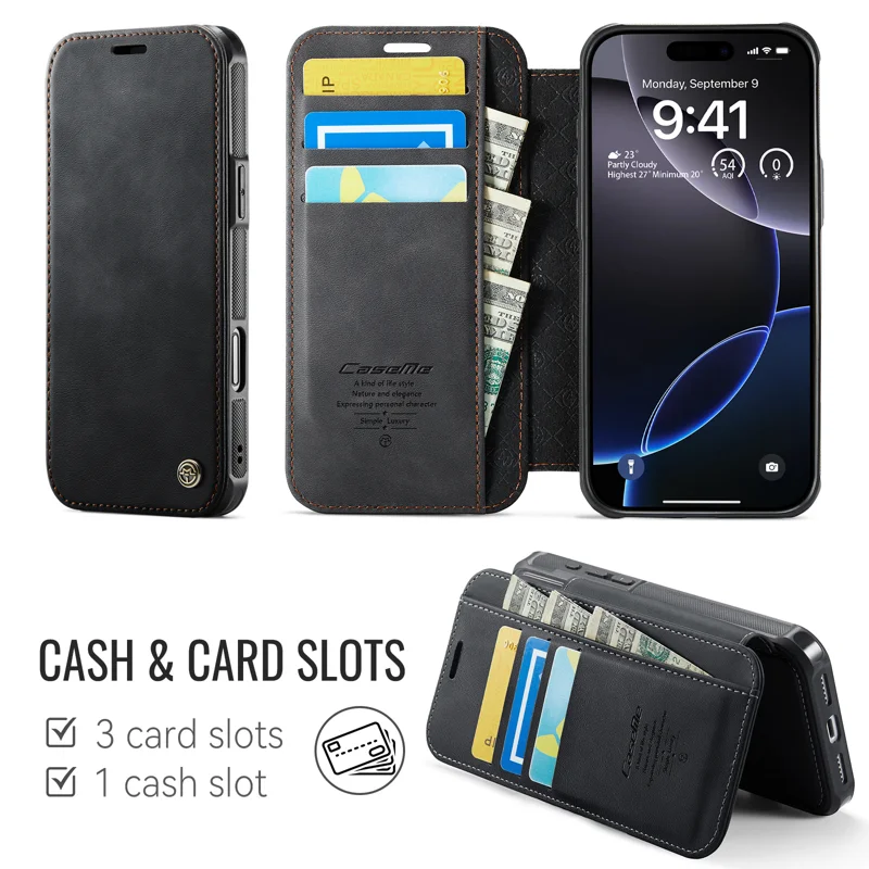 CASEME for iPhone 16 Pro Max Case 053 Magnetic RFID Blocking Wallet Flip Leather Phone Cover - Black - 2