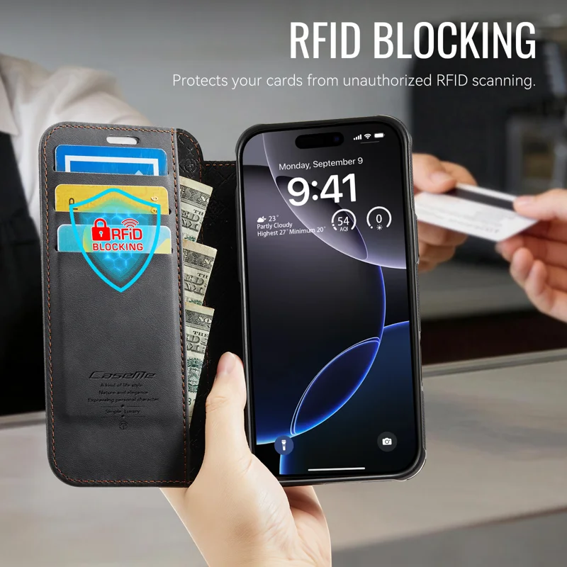 CASEME for iPhone 16 Pro Max Case 053 Magnetic RFID Blocking Wallet Flip Leather Phone Cover - Black - 5