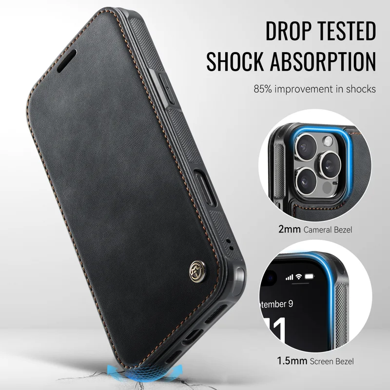 CASEME for iPhone 16 Pro Max Case 053 Magnetic RFID Blocking Wallet Flip Leather Phone Cover - Black - 7
