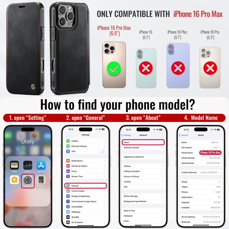 CASEME for iPhone 16 Pro Max Case 053 Magnetic RFID Blocking Wallet Flip Leather Phone Cover - Black - 9