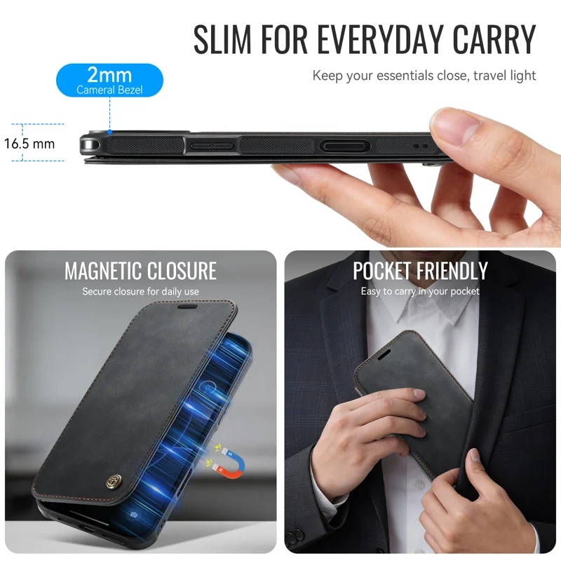 CASEME for iPhone 16 Pro Case 053 Magnetic RFID Blocking Wallet Flip Leather Phone Cover - Black - 8