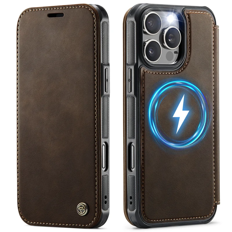 CASEME for iPhone 15 Pro Max Case 053 Magnetic RFID Blocking Wallet Flip Leather Phone Cover - Coffee - 1