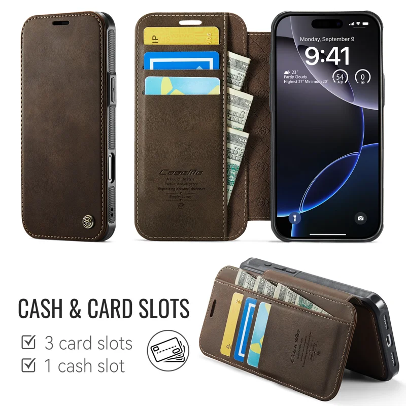 CASEME for iPhone 15 Pro Max Case 053 Magnetic RFID Blocking Wallet Flip Leather Phone Cover - Coffee - 2