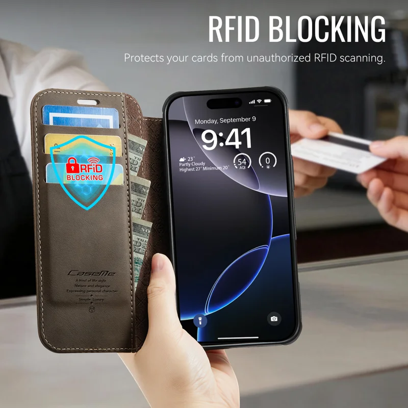 CASEME for iPhone 15 Pro Max Case 053 Magnetic RFID Blocking Wallet Flip Leather Phone Cover - Coffee - 5