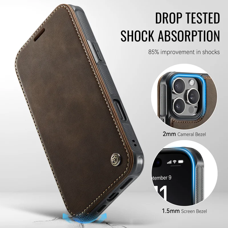 CASEME for iPhone 15 Pro Max Case 053 Magnetic RFID Blocking Wallet Flip Leather Phone Cover - Coffee - 7
