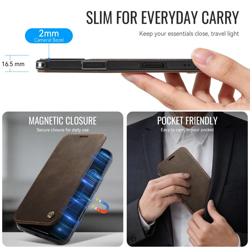 CASEME for iPhone 15 Pro Case 053 Magnetic RFID Blocking Wallet Flip Leather Phone Cover - Coffee - 8