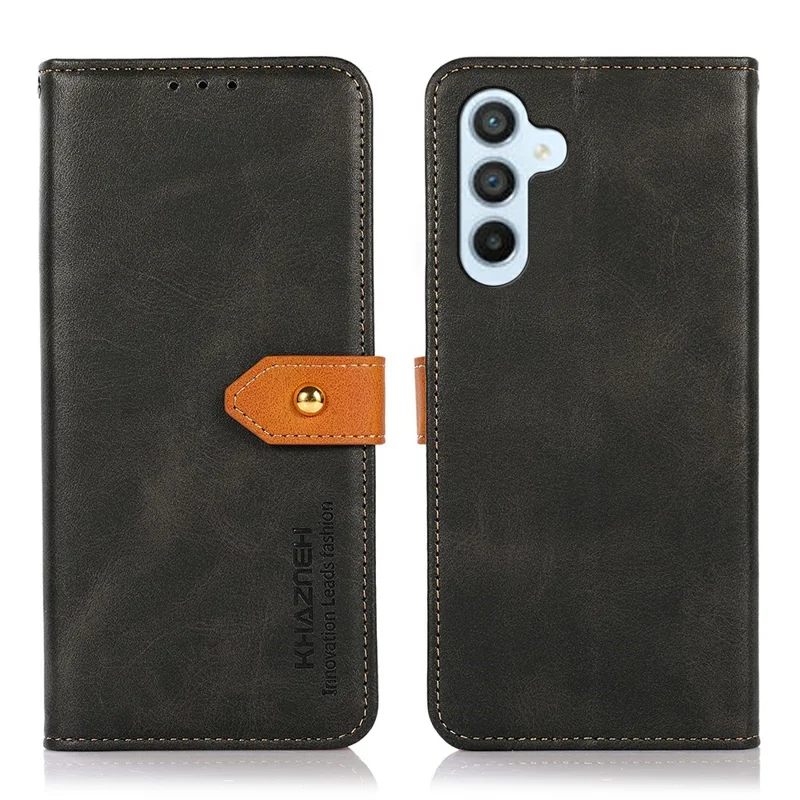 KHAZNEH For Samsung Galaxy S26 FE Wallet Case Gold Magnetic Clasp Cowhide Texture Leather Flip Stand Phone Cover - Black - 1