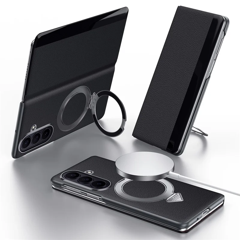 SULADA for Samsung Galaxy Z Fold8 Ultra Magnetic Case Kickstand Genuine Cow Leather Phone Cover with Card Slot - Black - 1