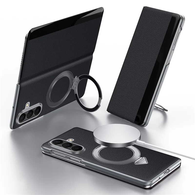 SULADA for Samsung Galaxy Z Fold7 5G Magnetic Case Kickstand Genuine Cow Leather Phone Cover with Card Slot - Black - 1