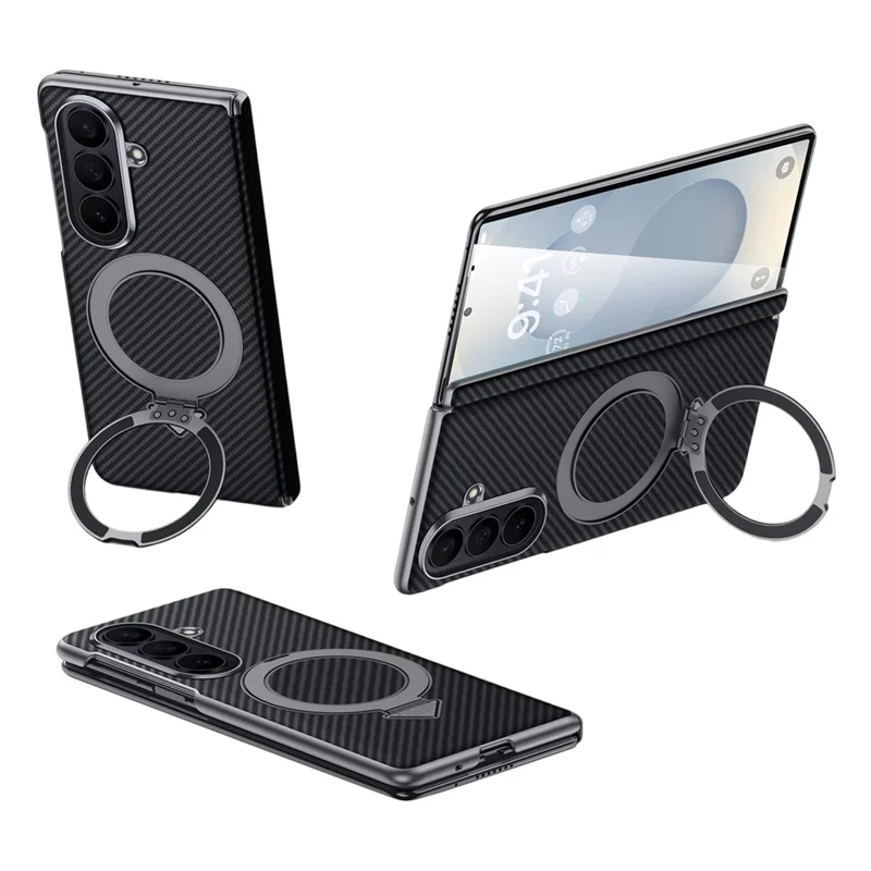 SULADA For Samsung Galaxy Z Fold8 Ultra Magnetic Case Kickstand PU + PC Phone Cover Carbon Fiber Texture - Black - 1