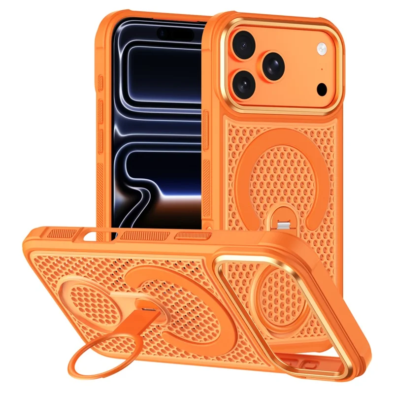 For iPhone 18 Pro Max Magnetic Case with 360° Rotating Ring Kickstand Heat Dissipation Honeycomb PC TPU Cover Compatible with Magsafe - Orange - 1