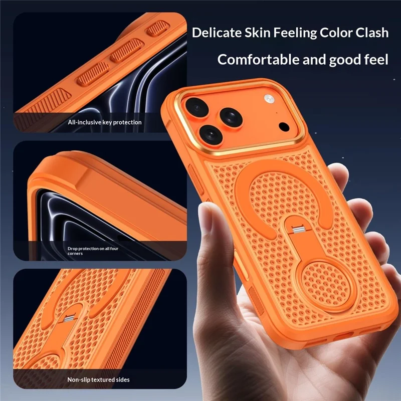 For iPhone 18 Pro Max Magnetic Case with 360° Rotating Ring Kickstand Heat Dissipation Honeycomb PC TPU Cover Compatible with Magsafe - Orange - 10