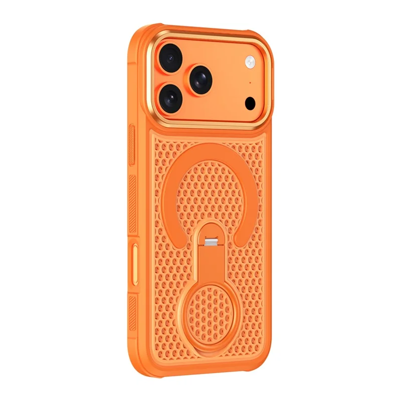 For iPhone 18 Pro Max Magnetic Case with 360° Rotating Ring Kickstand Heat Dissipation Honeycomb PC TPU Cover Compatible with Magsafe - Orange - 2