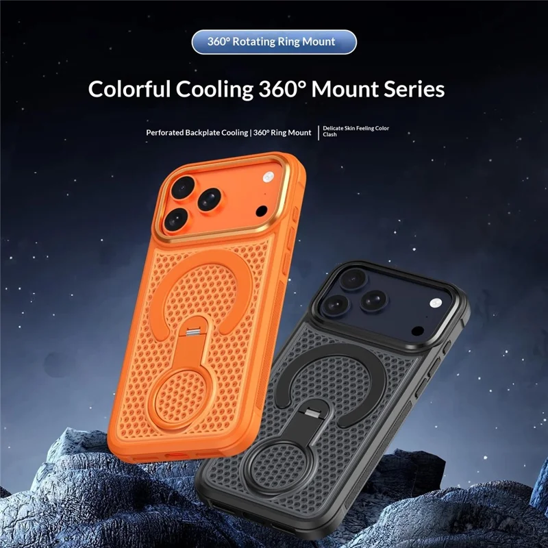 For iPhone 18 Pro Max Magnetic Case with 360° Rotating Ring Kickstand Heat Dissipation Honeycomb PC TPU Cover Compatible with Magsafe - Orange - 4