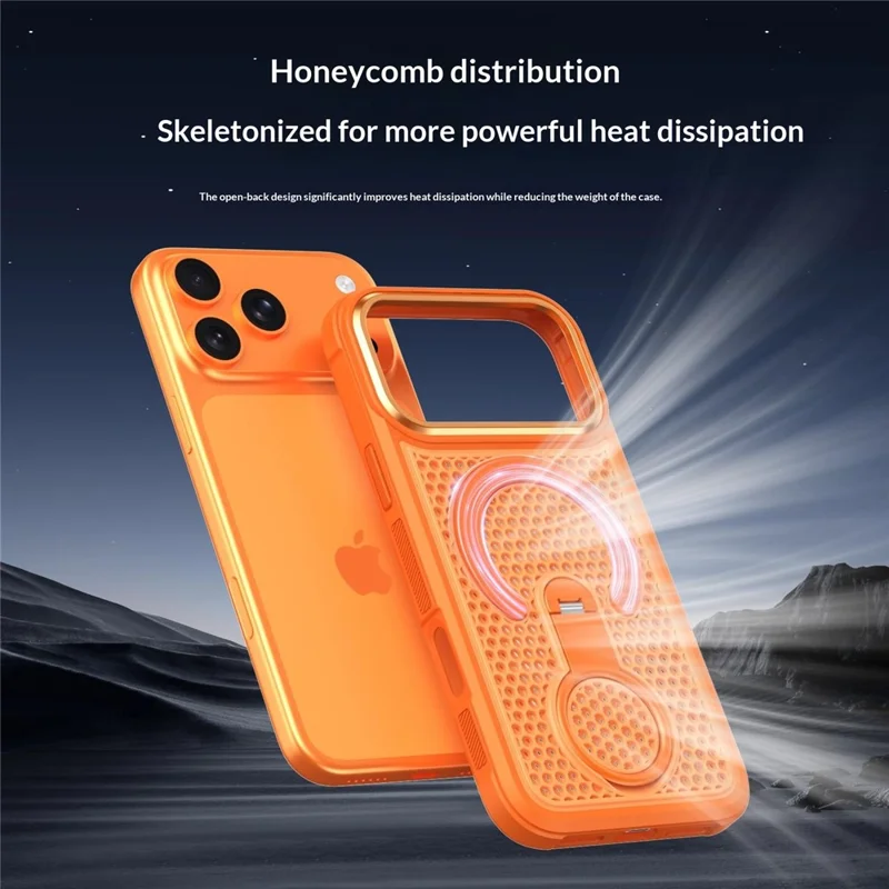 For iPhone 18 Pro Max Magnetic Case with 360° Rotating Ring Kickstand Heat Dissipation Honeycomb PC TPU Cover Compatible with Magsafe - Orange - 5