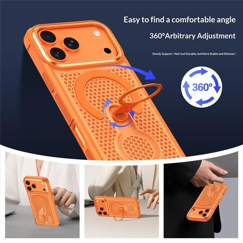 For iPhone 18 Pro Max Magnetic Case with 360° Rotating Ring Kickstand Heat Dissipation Honeycomb PC TPU Cover Compatible with Magsafe - Orange - 8