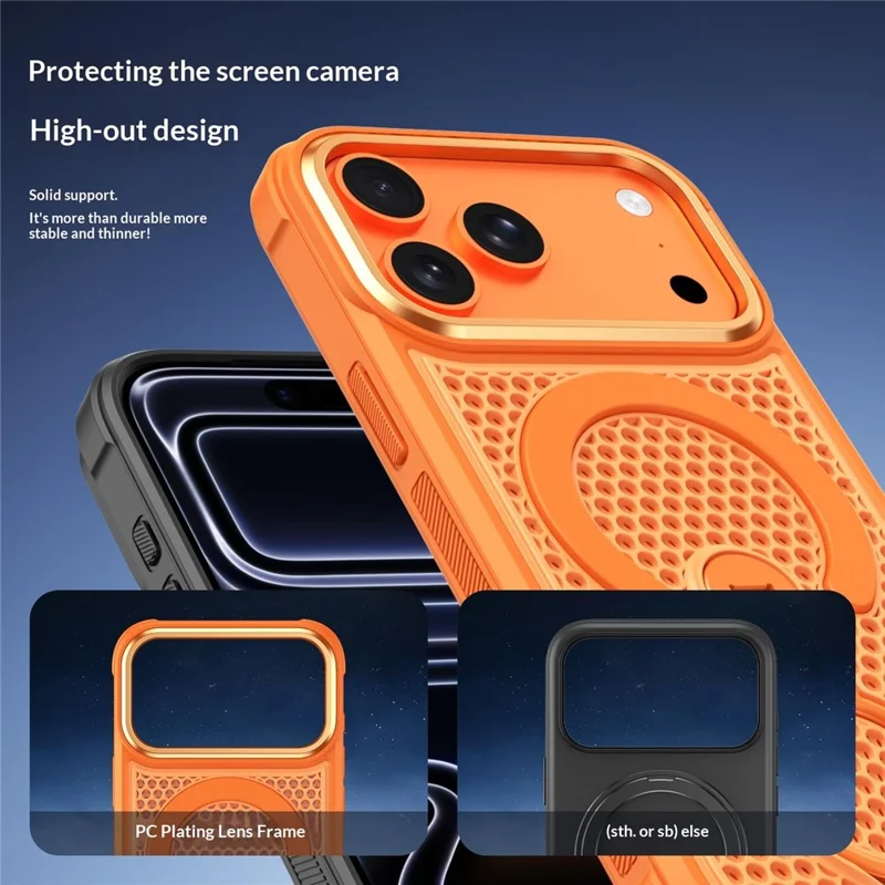 For iPhone 18 Pro Max Magnetic Case with 360° Rotating Ring Kickstand Heat Dissipation Honeycomb PC TPU Cover Compatible with Magsafe - Orange - 9