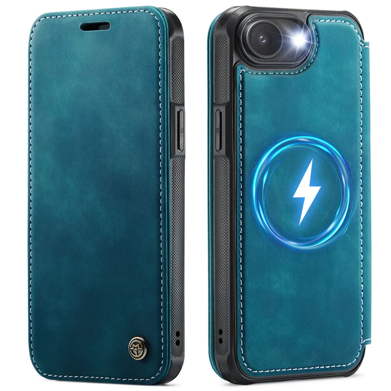 CASEME for iPhone 16e / iPhone 17e Case 053 Magnetic RFID Blocking Wallet Flip Leather Phone Cover - Retro Blue - 1