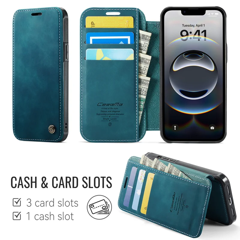 CASEME for iPhone 16e / iPhone 17e Case 053 Magnetic RFID Blocking Wallet Flip Leather Phone Cover - Retro Blue - 2