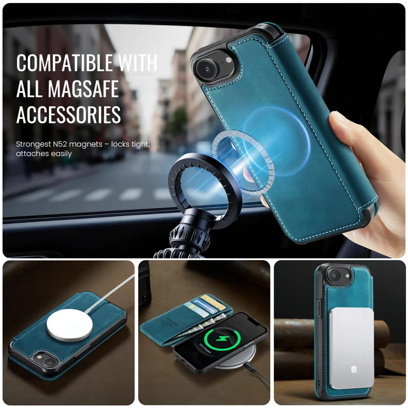 CASEME for iPhone 16e / iPhone 17e Case 053 Magnetic RFID Blocking Wallet Flip Leather Phone Cover - Retro Blue - 3