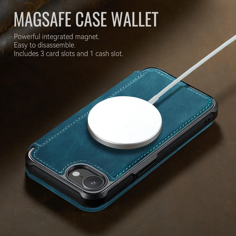 CASEME for iPhone 16e / iPhone 17e Case 053 Magnetic RFID Blocking Wallet Flip Leather Phone Cover - Retro Blue - 4