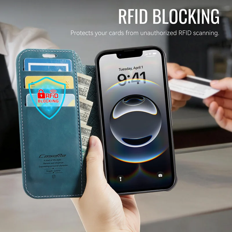 CASEME for iPhone 16e / iPhone 17e Case 053 Magnetic RFID Blocking Wallet Flip Leather Phone Cover - Retro Blue - 5