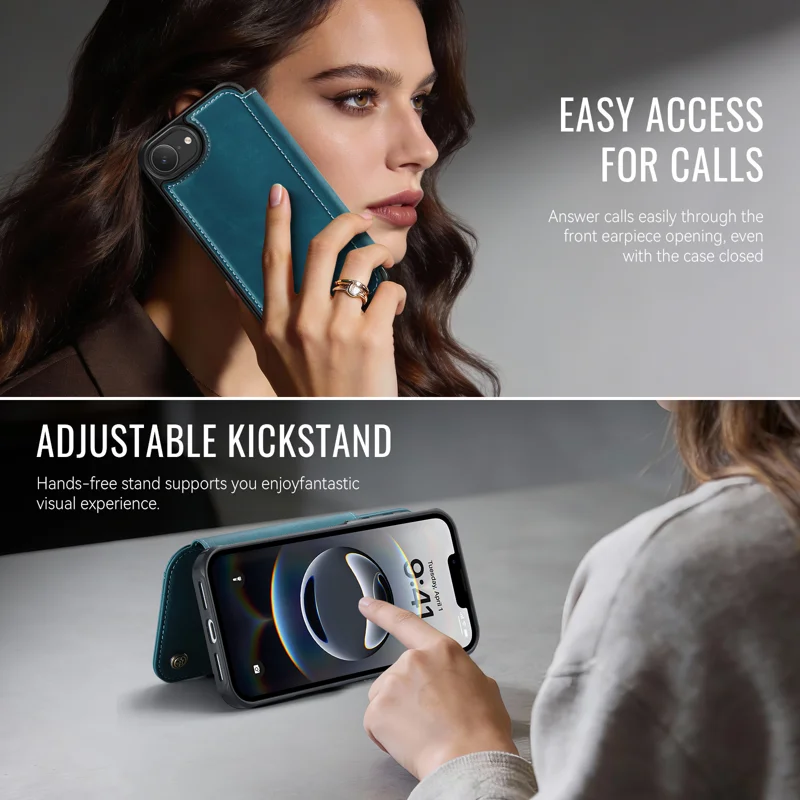 CASEME for iPhone 16e / iPhone 17e Case 053 Magnetic RFID Blocking Wallet Flip Leather Phone Cover - Retro Blue - 6