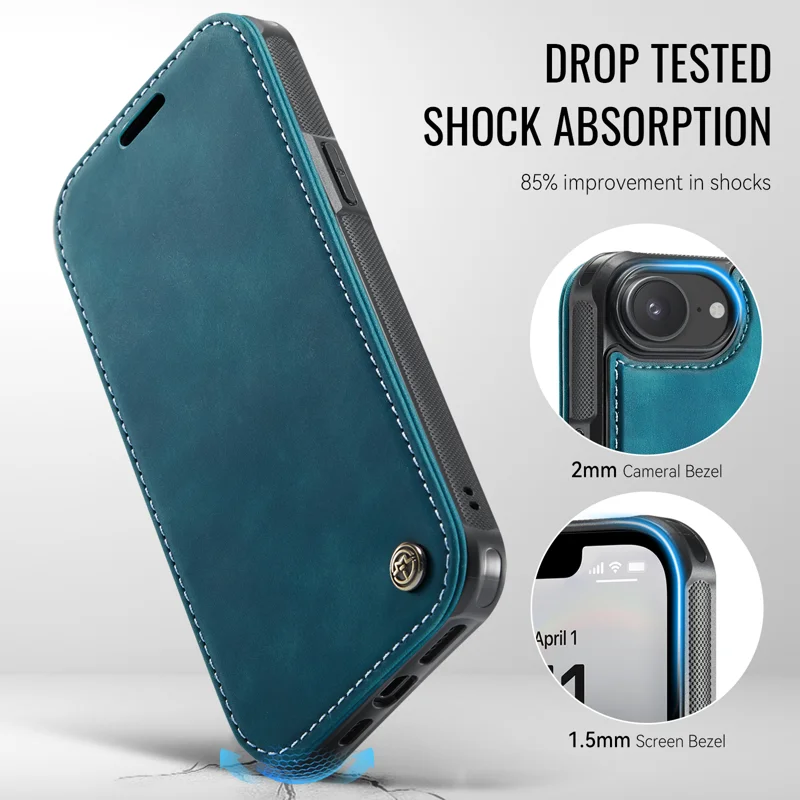 CASEME for iPhone 16e / iPhone 17e Case 053 Magnetic RFID Blocking Wallet Flip Leather Phone Cover - Retro Blue - 7