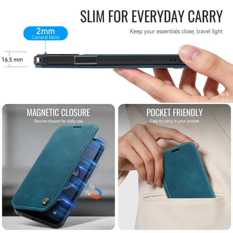 CASEME for iPhone 16e / iPhone 17e Case 053 Magnetic RFID Blocking Wallet Flip Leather Phone Cover - Retro Blue - 8