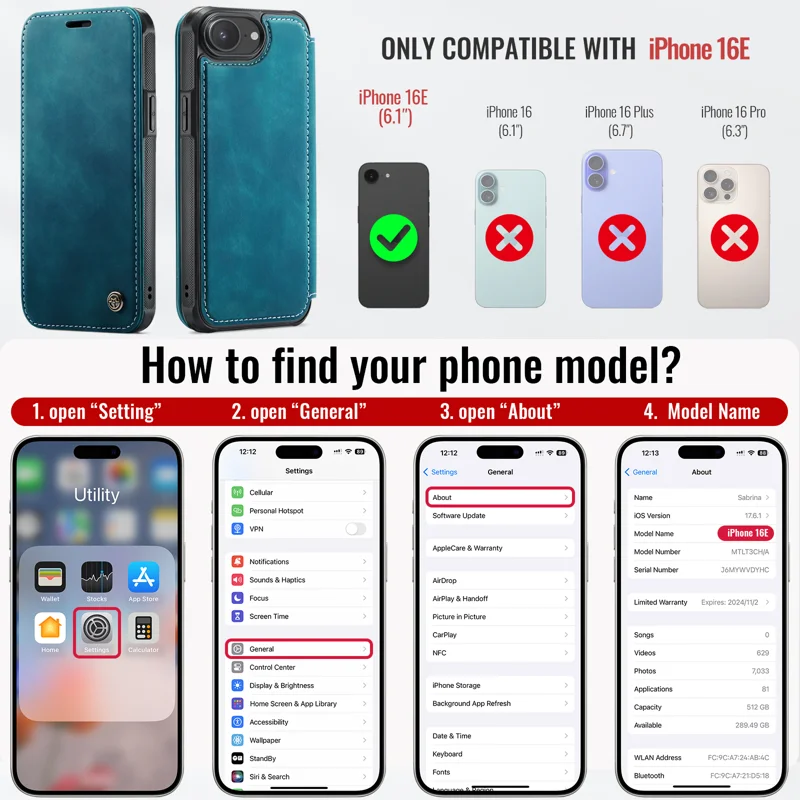 CASEME for iPhone 16e / iPhone 17e Case 053 Magnetic RFID Blocking Wallet Flip Leather Phone Cover - Retro Blue - 9