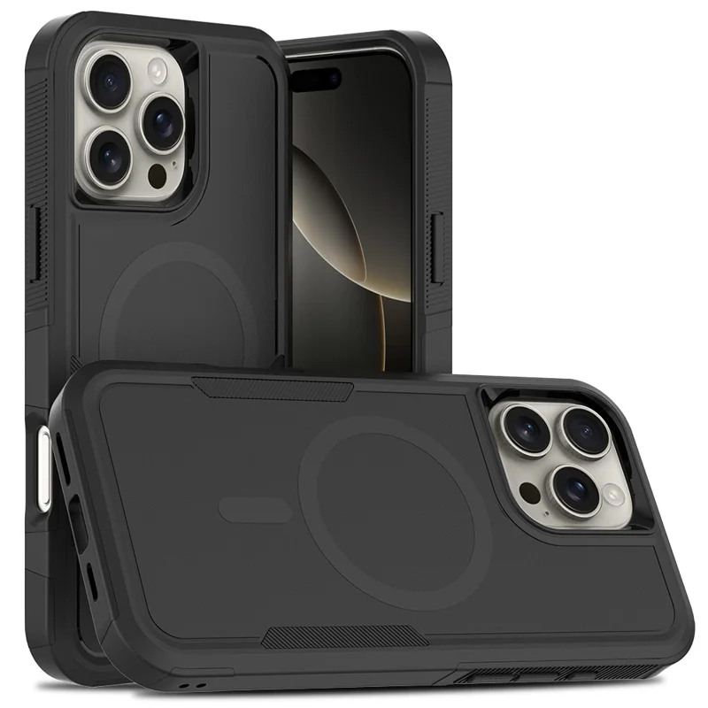 For iPhone 16 Pro Max Magnetic Case Dual Layer PC TPU Shockproof Phone Cover - Black - 1