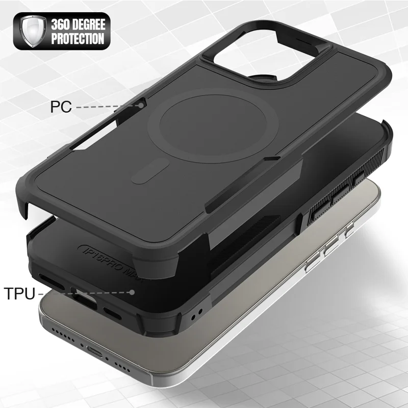 For iPhone 16 Pro Max Magnetic Case Dual Layer PC TPU Shockproof Phone Cover - Black - 5