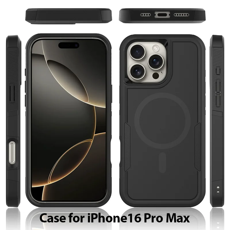For iPhone 16 Pro Magnetic Case Dual Layer PC TPU Shockproof Phone Cover - Black - 2