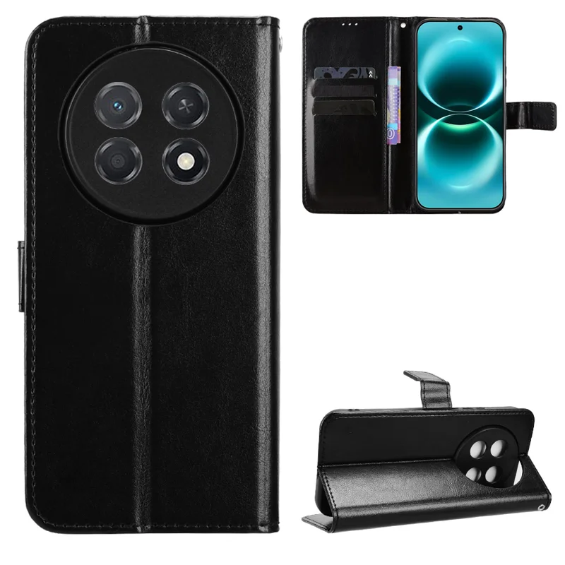 For Huawei Enjoy 90 Pro Max / Huawei nova 15 Max PU Leather Case with Strap Crazy Horse Texture Phone Wallet Cover - Black - 1