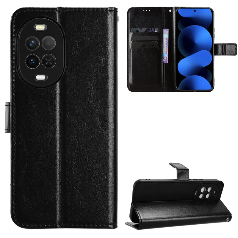 For Huawei nova 16z 5G PU Leather Case with Strap Crazy Horse Texture Phone Wallet Cover - Black - 1