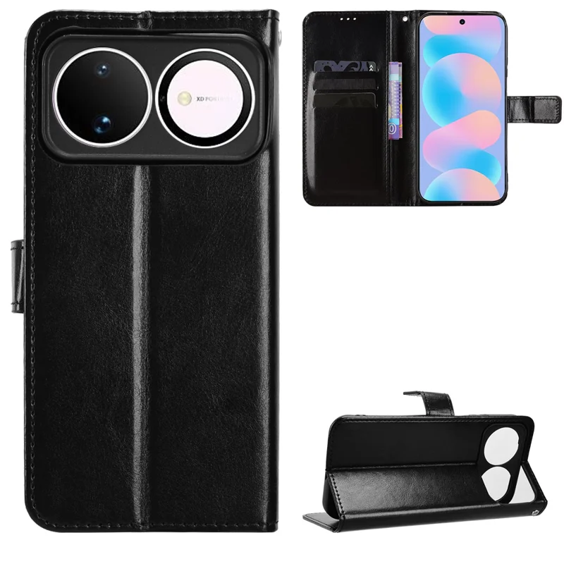 For Huawei nova 16 5G PU Leather Case with Strap Crazy Horse Texture Phone Wallet Cover - Black - 1