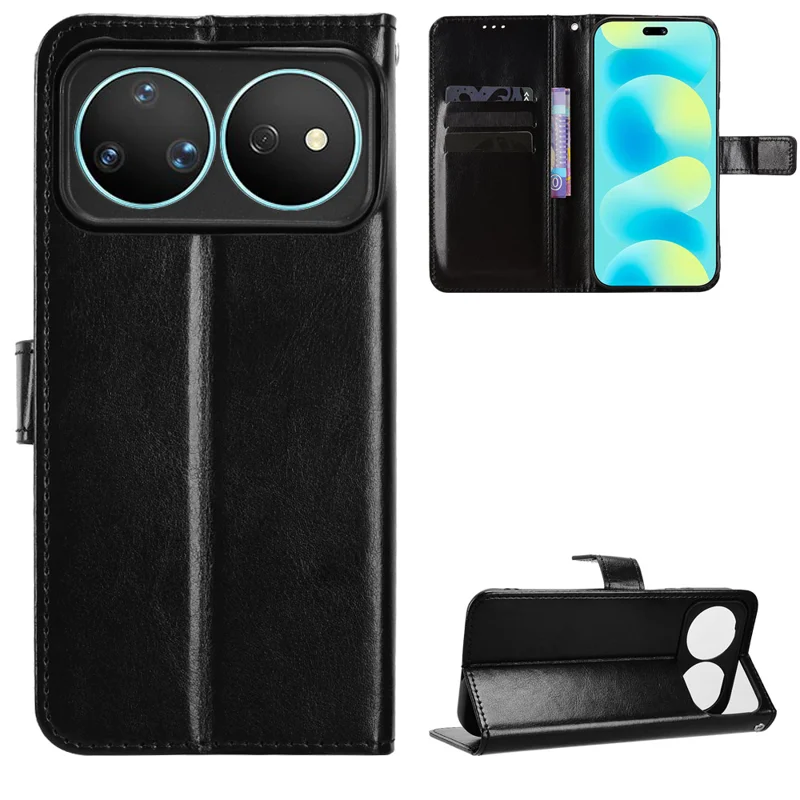 For Huawei nova 16 Pro 5G / Huawei nova 16 Ultra 5G PU Leather Case with Strap Crazy Horse Texture Phone Wallet Cover - Black - 1